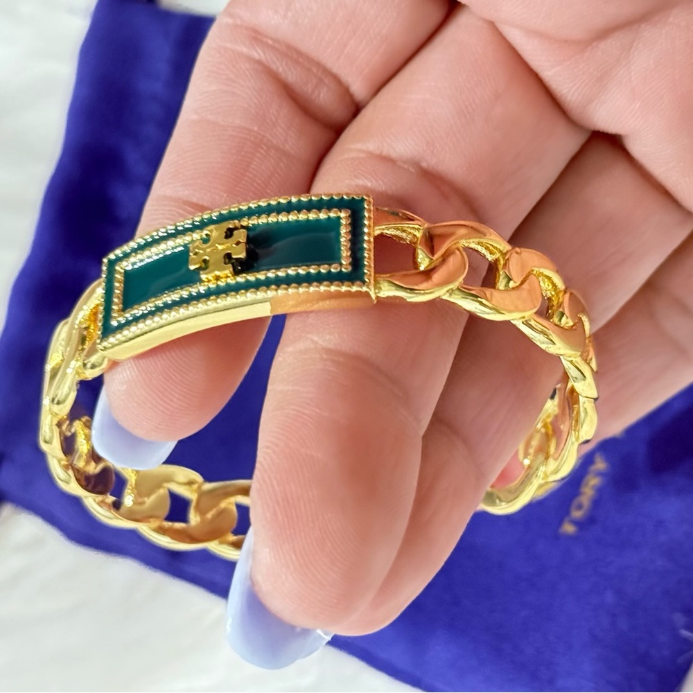 Tory Burch Enamel Green -Gold Chain Bracelet